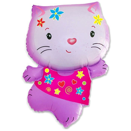 Шар фольгированный Фигура "Котенок розовый с цветами" 31" с гелием