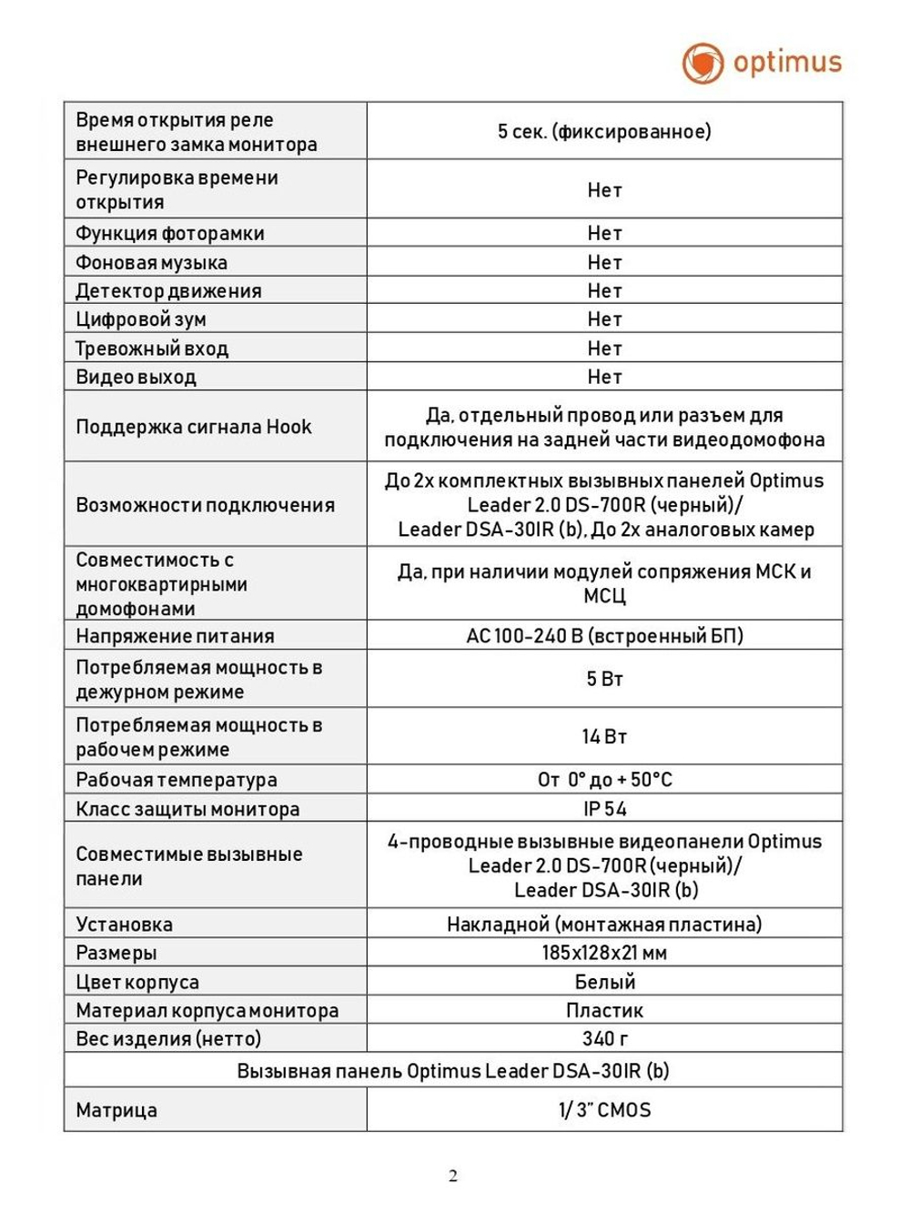 Комплект видеодомофона Optimus Leader IK-24B30IR (w+b)