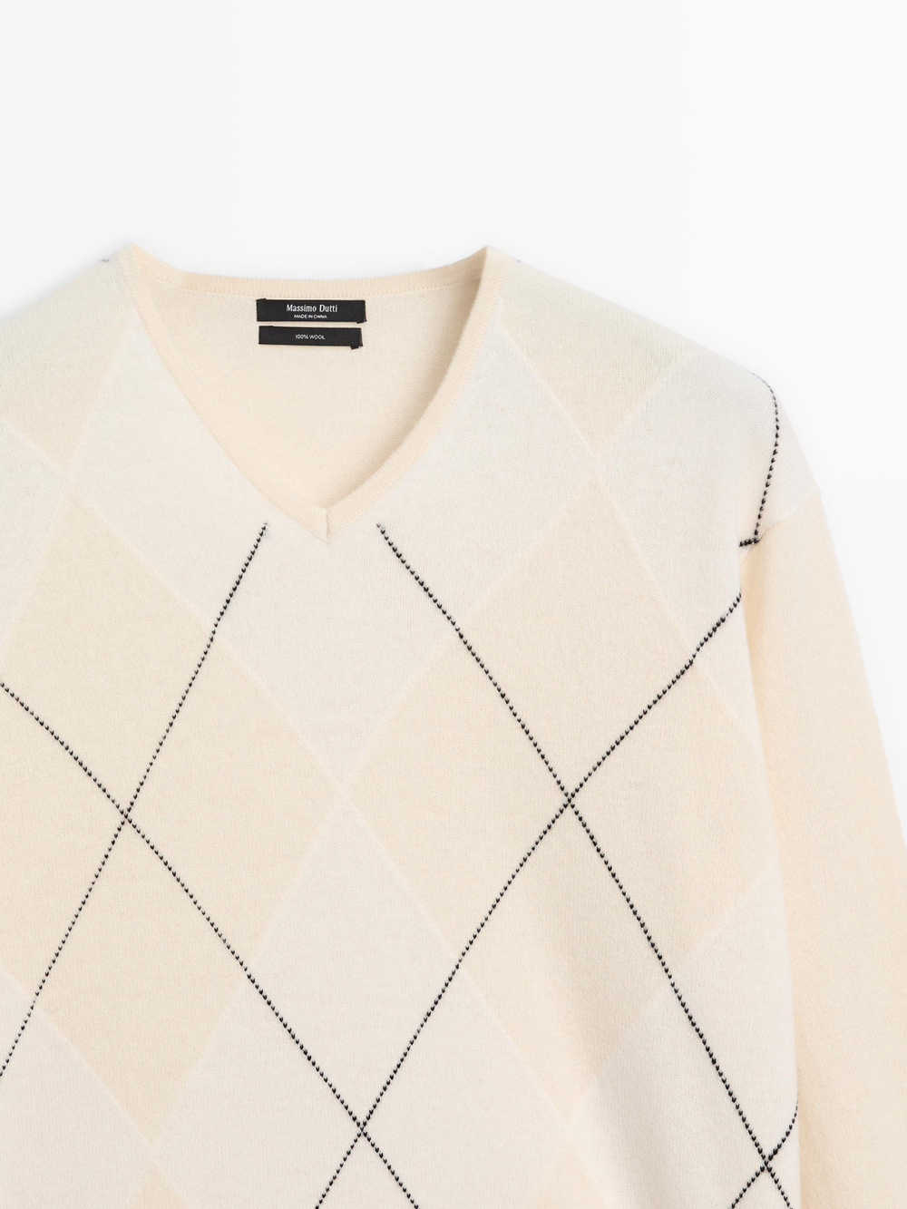 Massimo Dutti Свитер из 100% шерсти с узором «ромбы», натуральный/кремовый