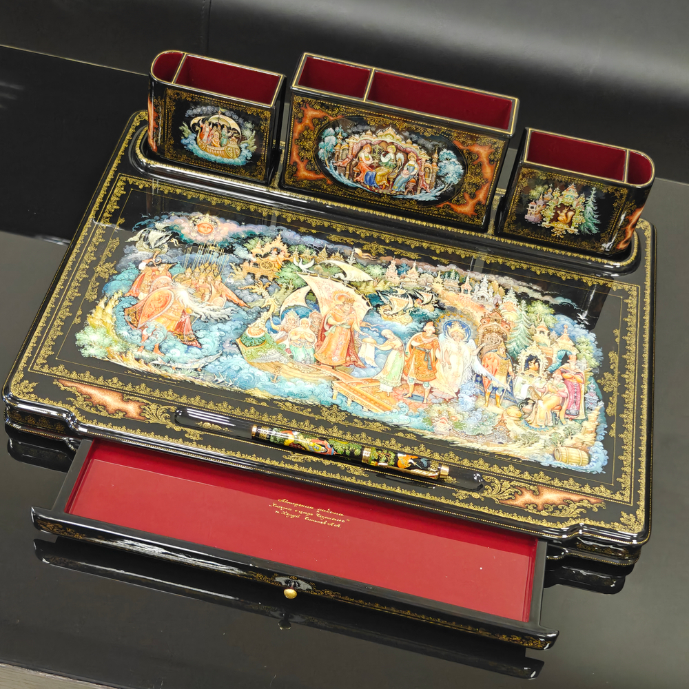 Настольный письменный набор с ручной росписью VIP в подарочном фуляре