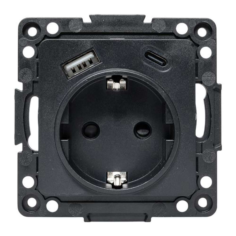 Стокгольм Механизм Розетки 1-местной с/з, USB A+C 16А винтовые клеммы черный с защ. штор. EKF