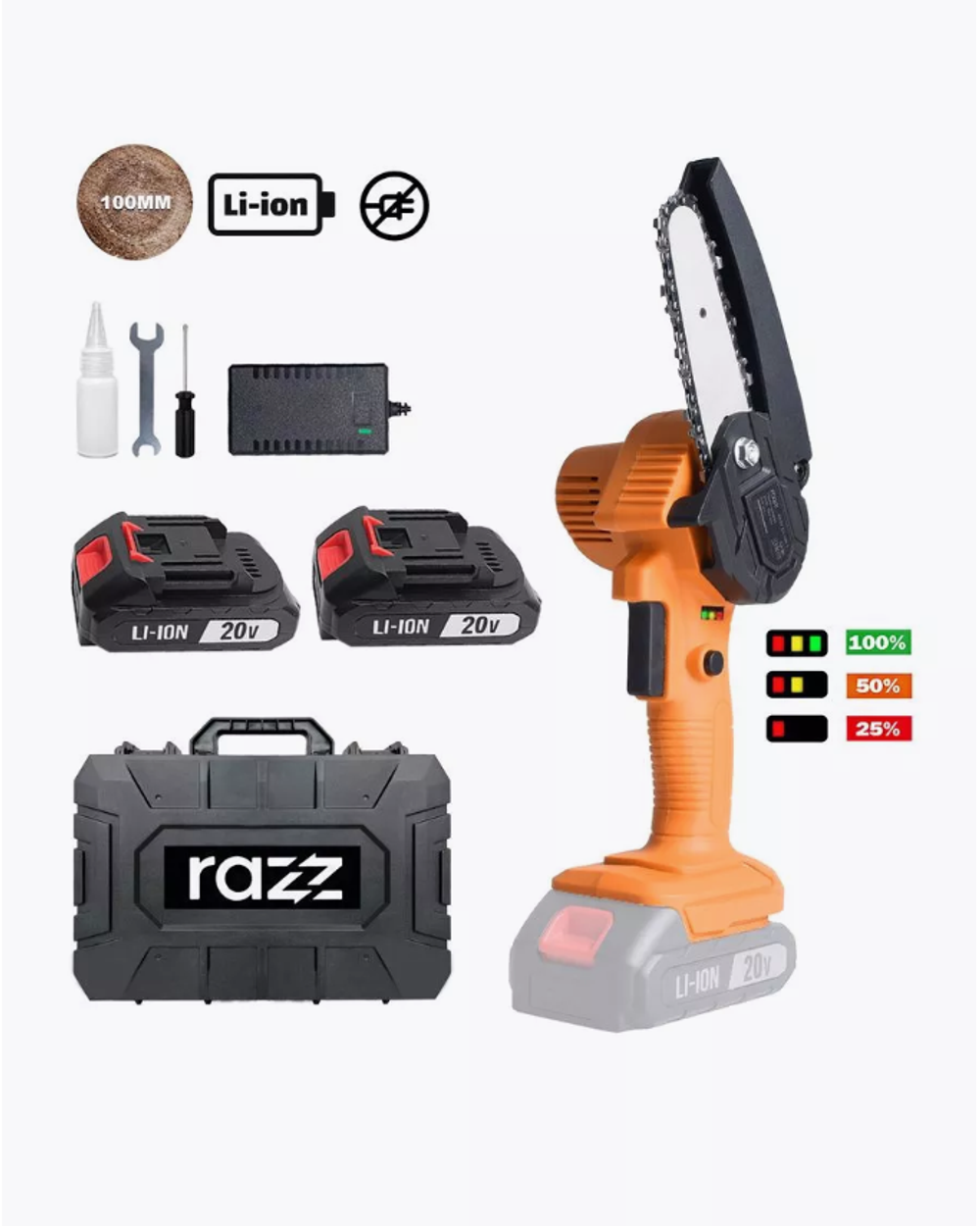 Цепная пила аккумуляторная RAZZ CS-100-2, 20 В, 2*2 Ач, 10 см