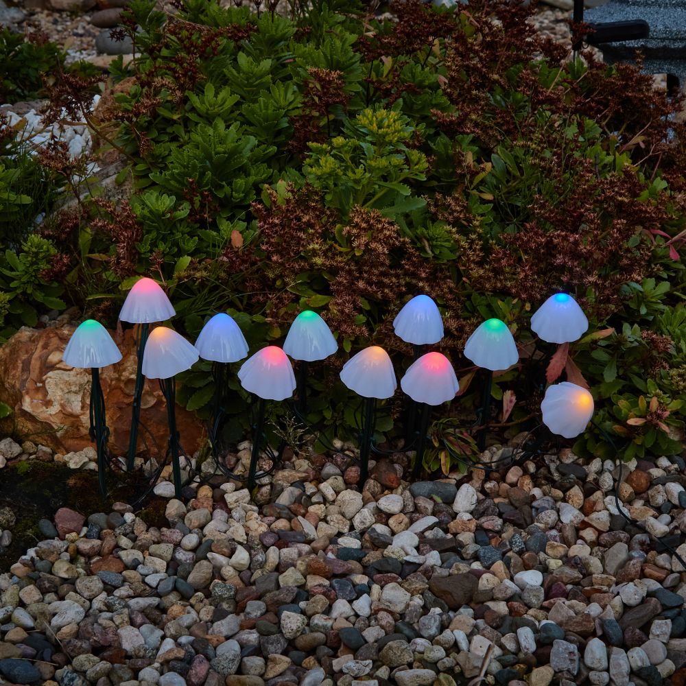 USL-S-830-PM020 MULTICOLOR MUSHROOMS SET12 Садовый светильник на солнечной батарее Разноцветные грибы. в комплекте из 12 штук. 12 светодиодов. Разноцветный свет. 1xАA Ni-Mh аккумулятор в-к. IP44. TM Uniel