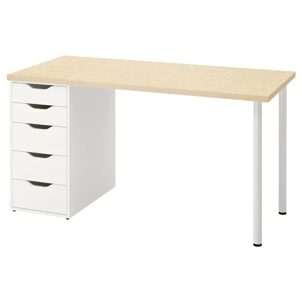 Письменный стол с ящиком - IKEA MITTCIRKEL/ADILS, 140х60 см, под беленый дуб/белый, МИТКЕРКЕЛ/АДИЛЬС ИКЕА