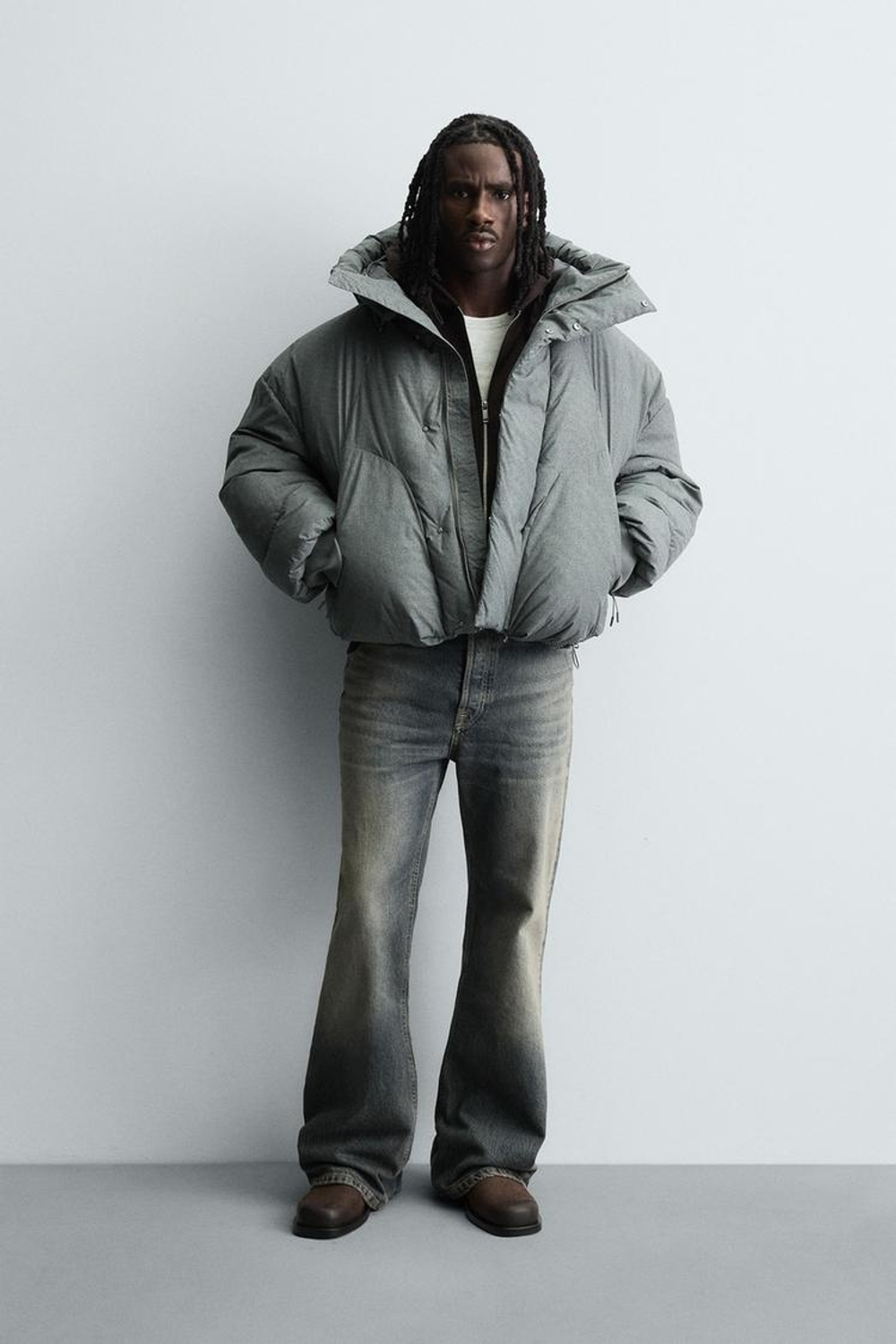 ZARA СТЕГАНАЯ КУРТКА BOXY FIT, КАМЕННО-СЕРЫЙ