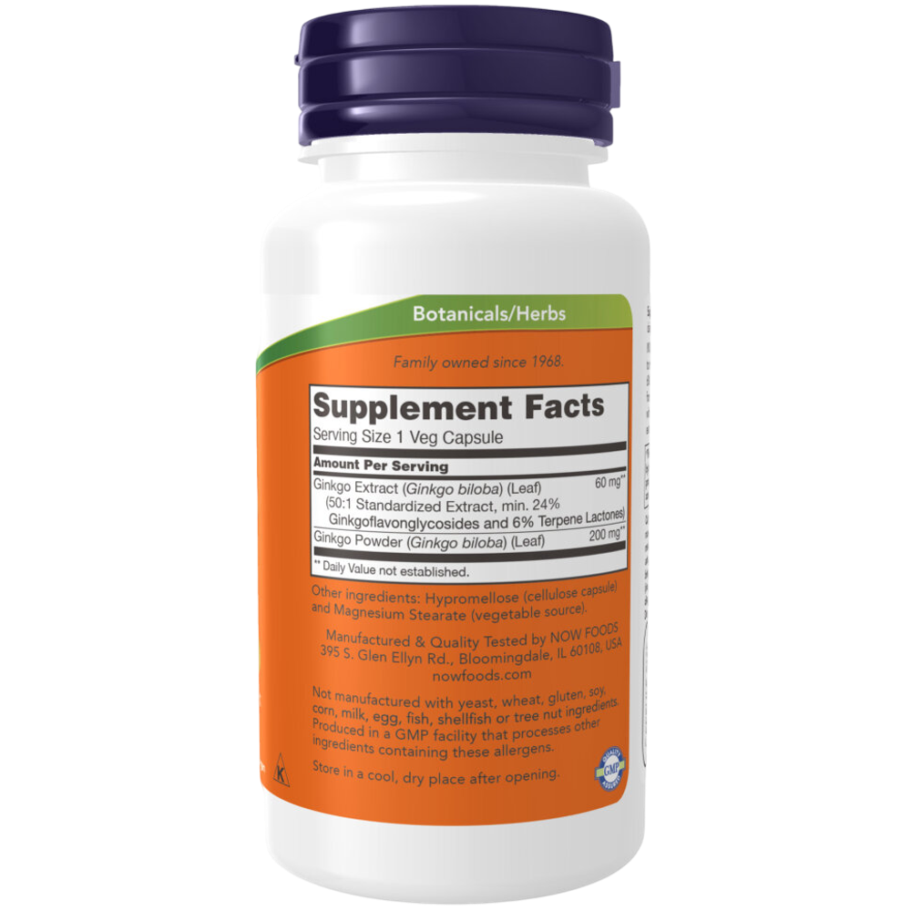 Now Foods Ginkgo biloba 60 mg 60 veg capsules, Гинкго Билоба