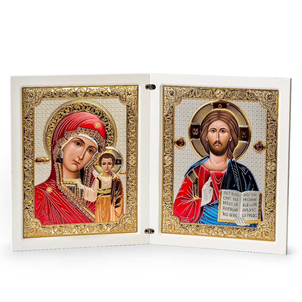 Складень, Казанская БМ, Спаситель, икона прямоугольная, белое дерево, эмаль 185х300