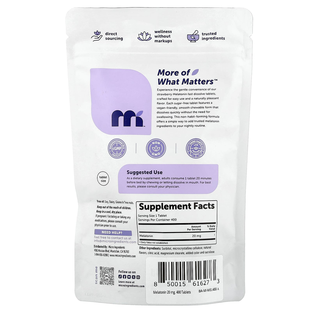 Micro Ingredients, Мелатонин, клубника, 20 мг, 400 таблеток