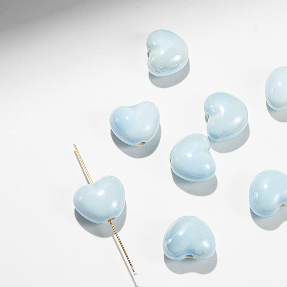 Бусина в форме сердца, 14,5*17,3мм, голубая, глазурированный фарфор