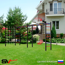 Уличная шведская стенка Sv Sport рукоход х 2 с комплектом турник прямой У50455К (Со спинкой/Щит баскет/Кронш бокс/Сетка)