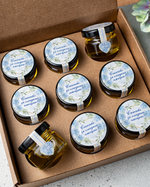 Набор свадебных бонбоньерок, свадебные комплименты, подарки для гостей от молодоженов на свадьбу в голубом цвете, 9 баночек с медом по 35 грамм