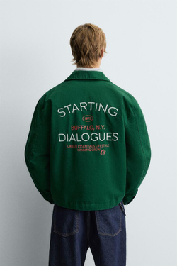 ZARA КУРТКА С ВЫШИВКОЙ И МОЛНИЕЙ, ЗЕЛЕНЫЙ