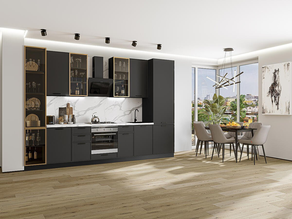 Прямая модульная кухня Фрейм-06 Stormy Silk - Graphite 2340*3400*600