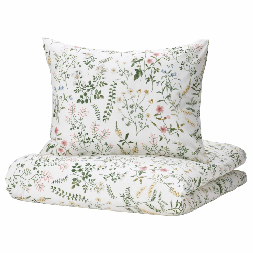 Комплект постельного белья IKEA TIMJANSMOTT (ТИМЬЯНСМОТТ), Двуспальный, Белый с рисунком, 240x220, 50x80 см