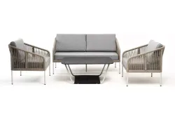 "Канны" лаунж-зона 4-местная из роупа со столом "Глория" (серый гранит), каркас алюминиевый светло-серый, роуп серый меланж