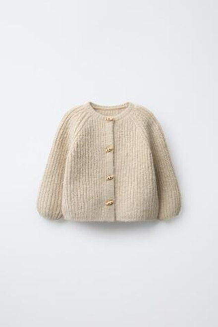 ZARA ВЯЗАНЫЙ КАРДИГАН С НАВЕСНЫМИ ПЕТЛЯМИ, КРЕМОВЫЙ