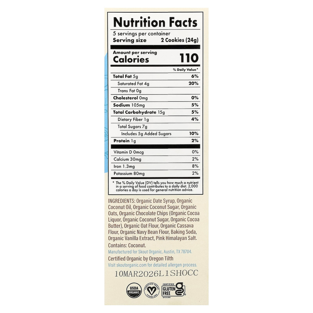 Skout Organic, мягкое печенье, овсянка и шоколадная крошка, 5 пакетиков, 2 печенья по 24 г