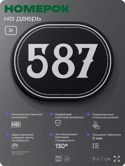 Номерок на дверь квартиры 587, для кабинета, офиса, шильдик 9 х 7 см, черный, Айдентика Технолоджи