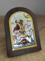 Георгий Победоносец, икона арочная, красное дерево, эмаль  75х103