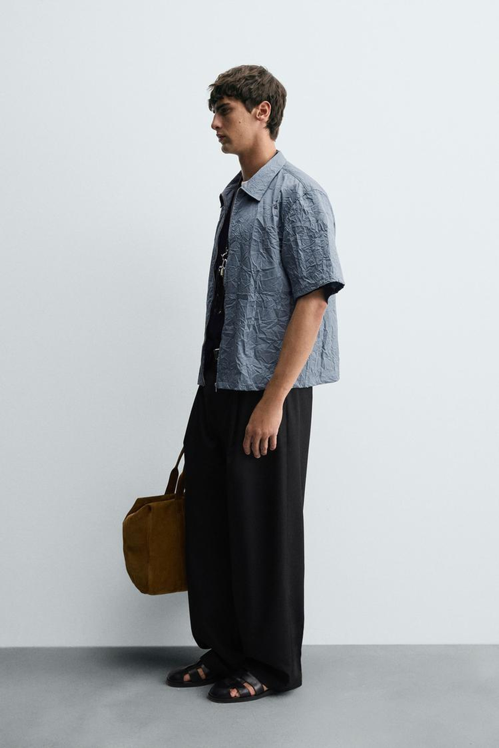 ZARА РУБАШКА С ЭФФЕКТОМ ПОМЯТОСТИ НА МОЛНИИ, НЕБЕСНО-ГОЛУБОЙ