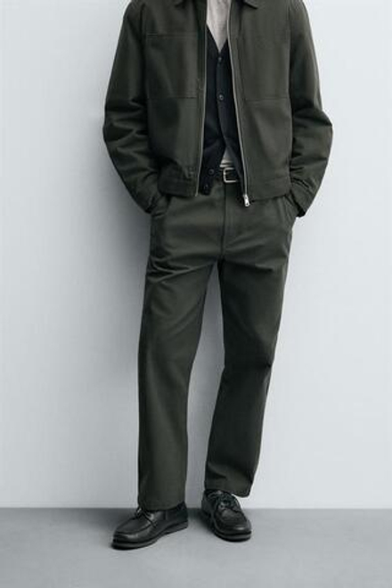 ZARA БРЮКИ ИЗ РЕЛЬЕФНОЙ ТКАНИ CANVAS, ТЕМНЫЙ ХАКИ