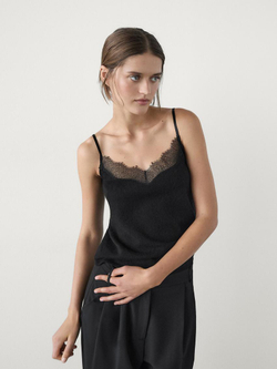 Massimo Dutti Топ в бельевом стиле с отделкой кружевом, черный