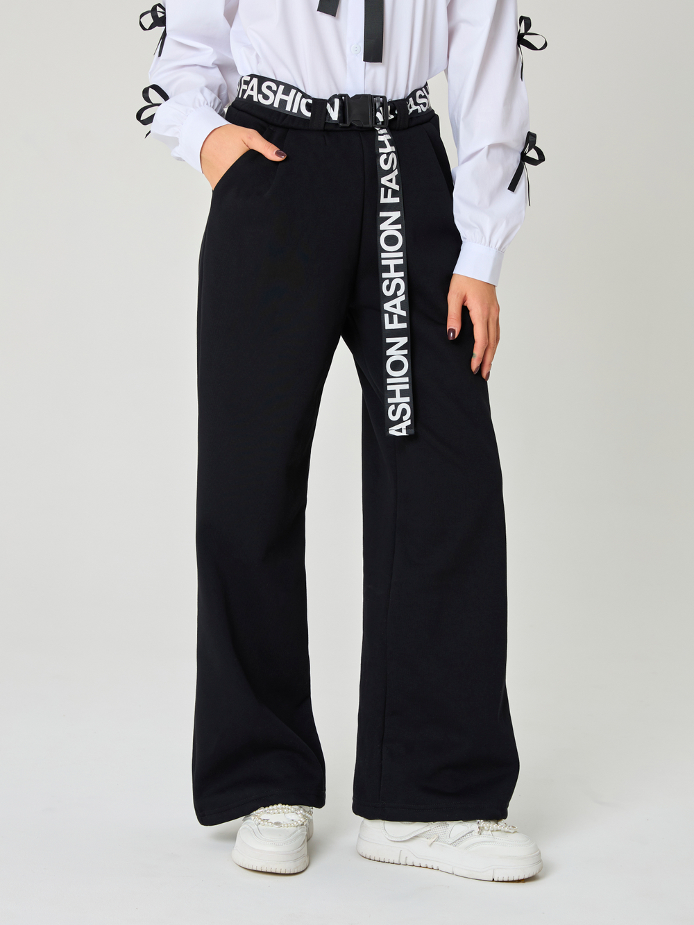 Брюки утепленные для девочки палаццо с ремнем "Fashion" чёрные