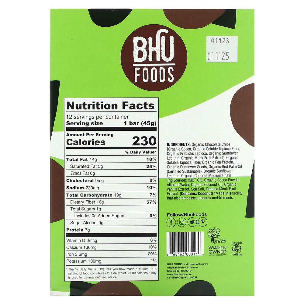BHU Foods, Веганский протеиновый батончик, двойная крошка из темного шоколада, 12 батончиков по 45 г (1,6 унции)