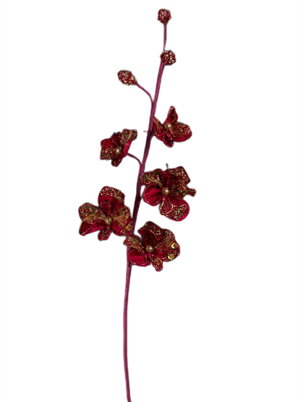 Веточка с оридеями 64см ChristmasDeLuxe бордовая с золотом
