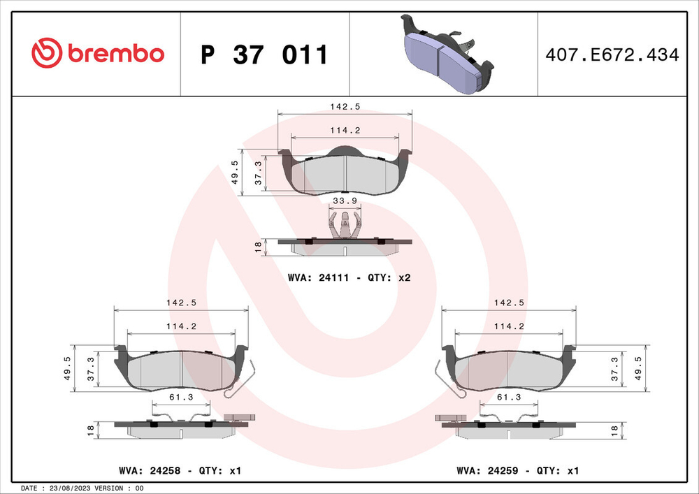 BREMBO - P37011-BRB - Brake Pad Set, disc brake
