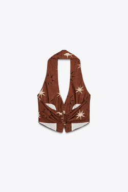 ZARA ТОП ИЗ ЛЬНА С ПРИНТОМ В ВИДЕ СОЛНЦА, ТЕРРАКОТОВЫЙ