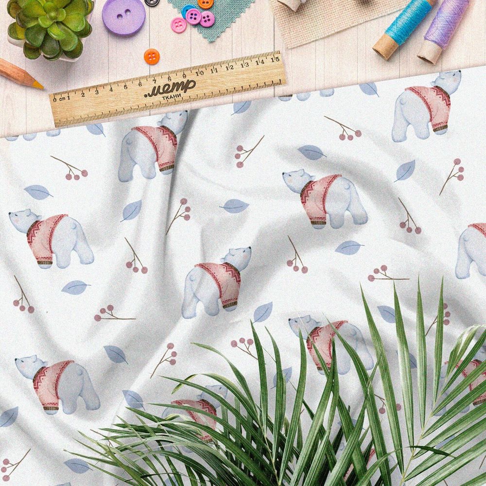 Ткань поплин белые медвежата в свитере