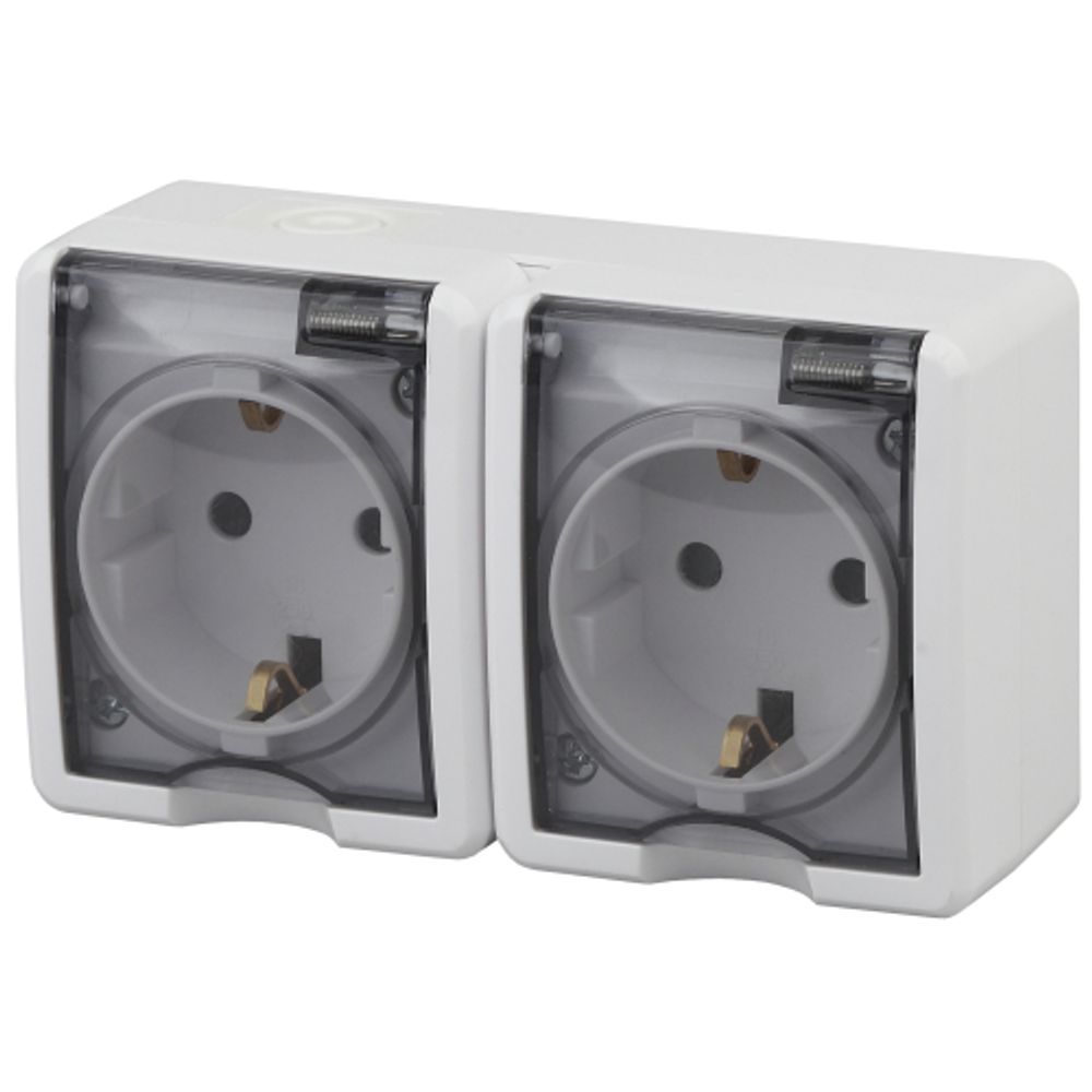Розетка ЭРА Эксперт 11-2403-01 двойная с заземлением крышкой 2х2P+E IP54 16A-250В ОУ горизонт. белый