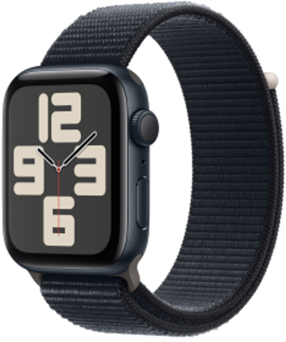 Apple Watch SE 2023, 44 мм, корпус из алюминия цвета «тёмная ночь», спортивный браслет цвета «тёмная ночь»
