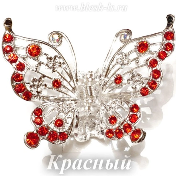 Заколка-краб на серебристой основе "Бабочка", Красный