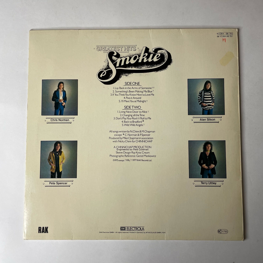 Винтажная виниловая пластинка LP Смоуки Smokie Greatest Hits (Германия 1977) I'll Meet You At Midnight