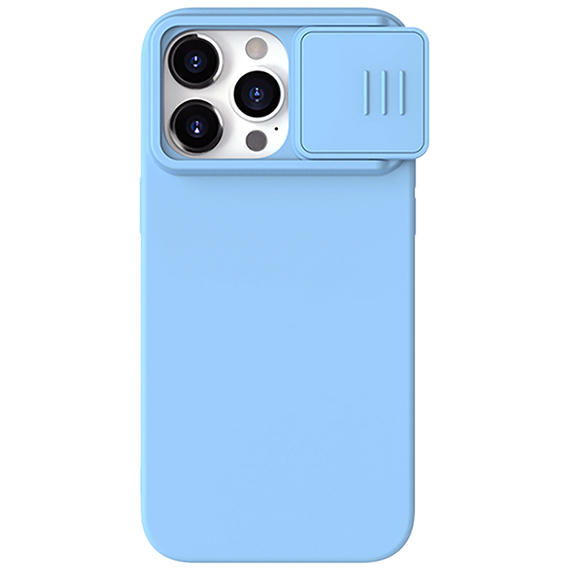 Чехол с MagSafe и с шелковистым покрытием синего цвета (Haze Blue) от Nillkin для iPhone 15 Pro Max, серия CamShield Silky Magnetic Silicone Case