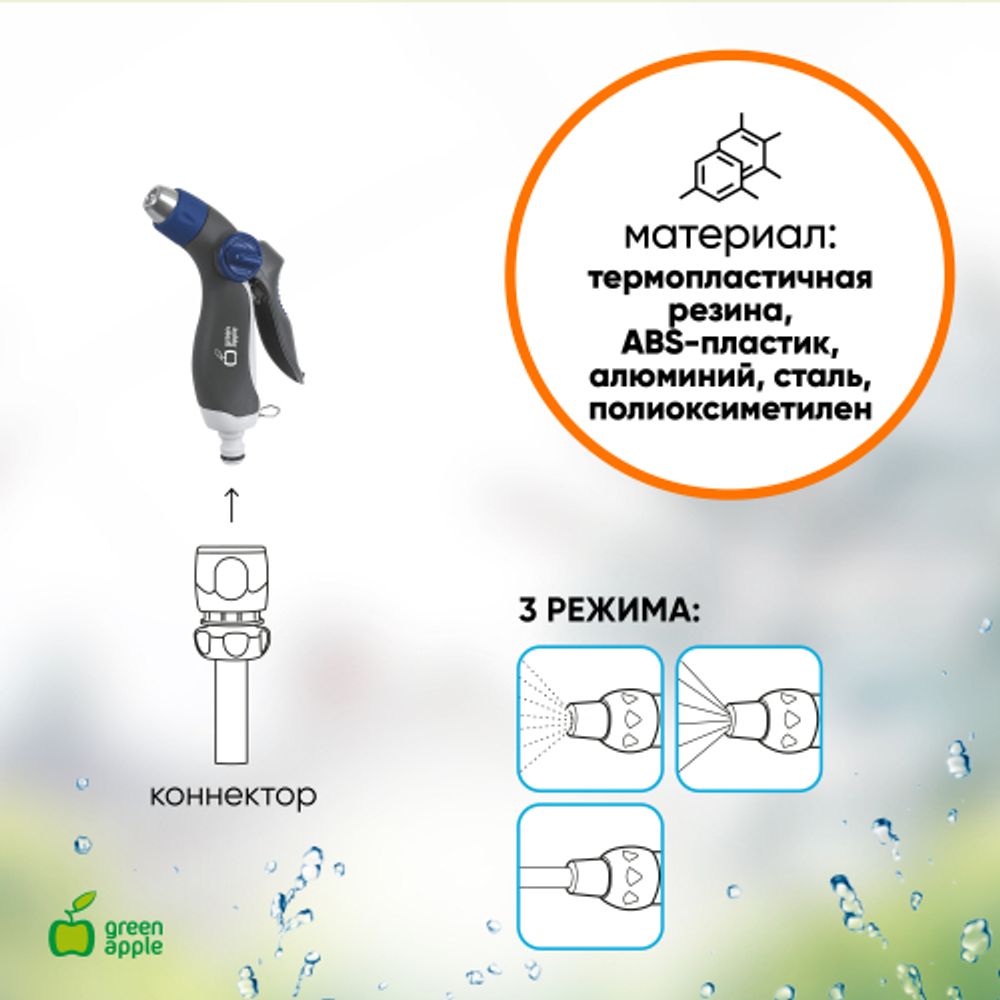 GWHM20-040 GREEN APPLE Пистолет-распылитель, пластик, регулируемая латунная форсунка, 3 режима | Аксессуары для полива Green Apple