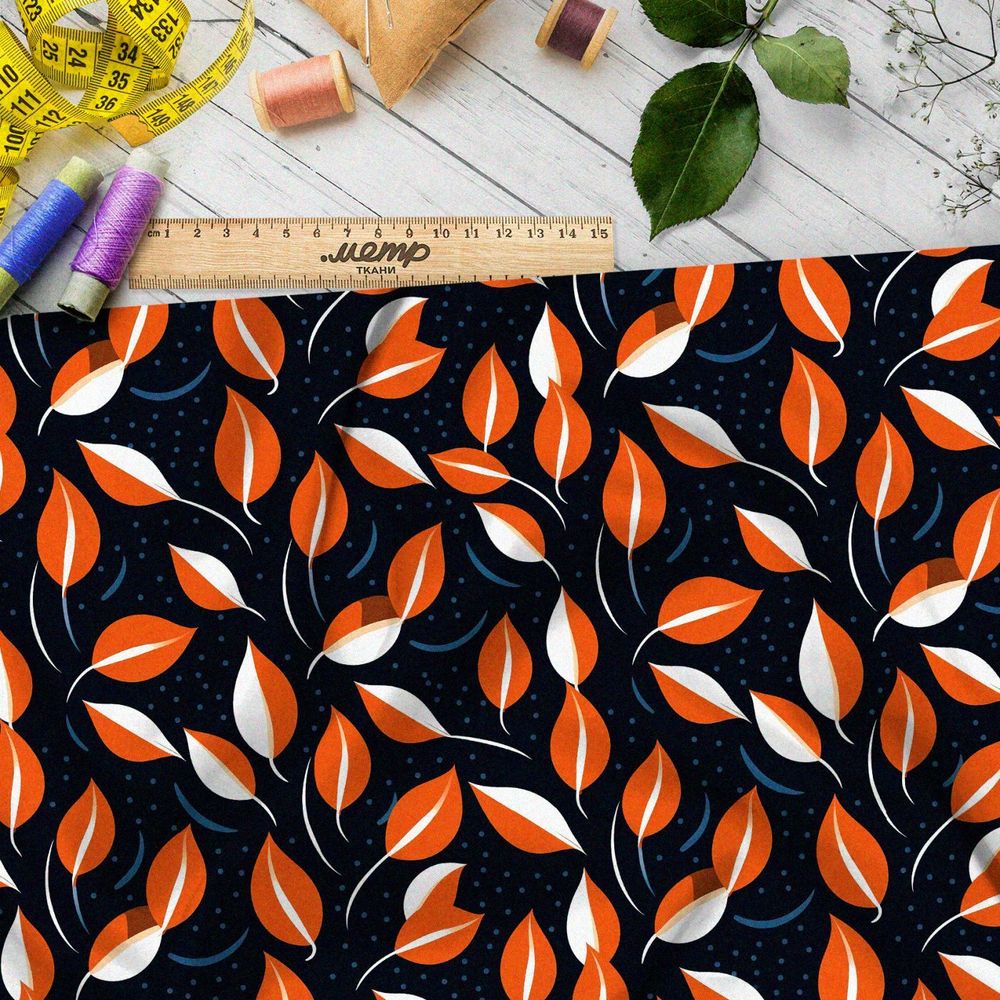 Ткань премиум атлас оранжевые листочки на черном