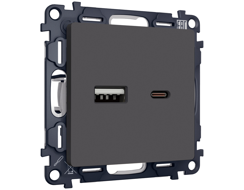 MA911010 Комплект механизма розетки ALFA Графит мягкое касание 2USB A+C 20W (быстрая зарядка) QUANT (AP9110, VM177)