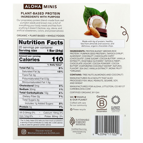 Aloha, Organic Protein Mini Bars, Coconut Chocolate Almond, 20 Bars, 0.85 oz (24 g) Each