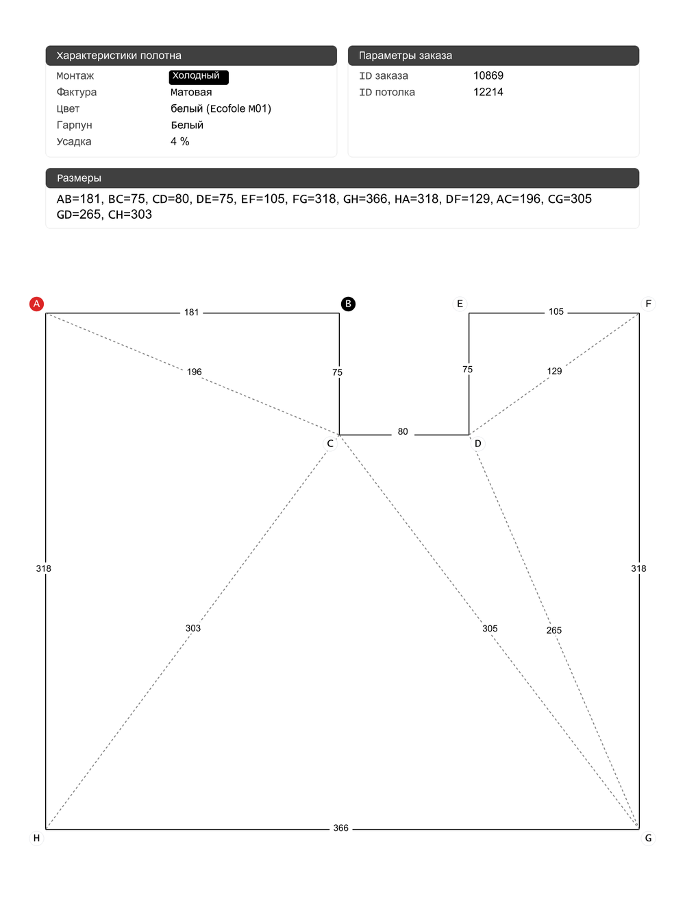 Матовый натяжной потолок 11 м2