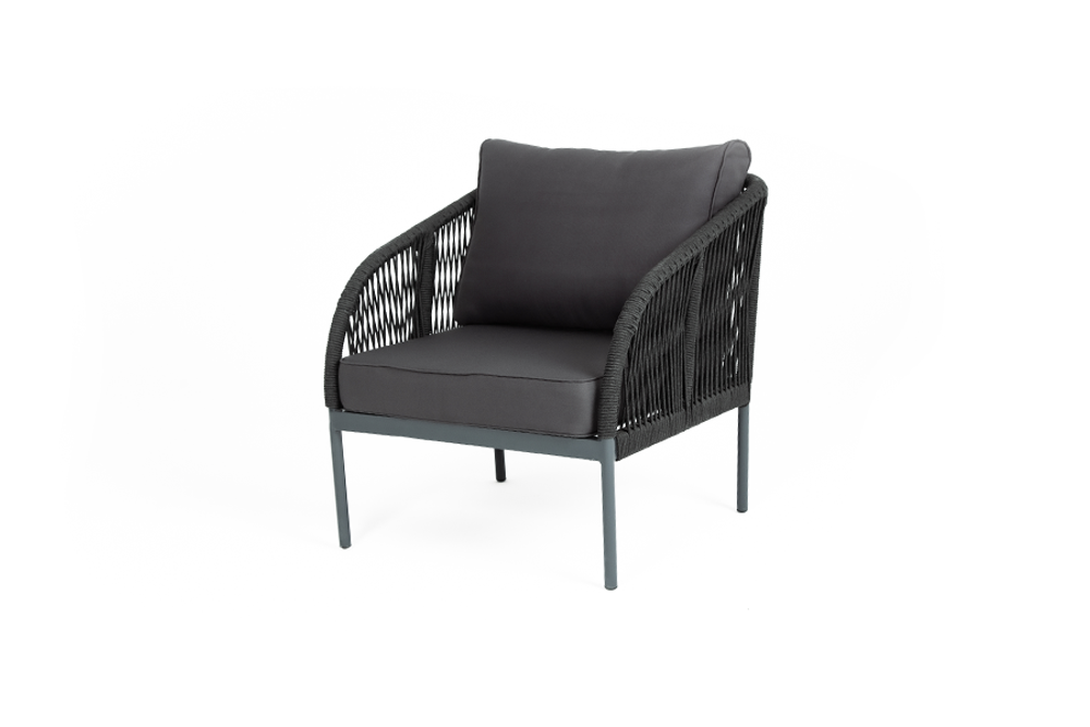 &quot;Канны&quot; кресло плетеное из роупа, каркас алюминий темно-серый (RAL7024) муар, роуп темно-серый круглый, ткань Savana grafit