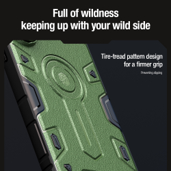 Чехол зеленого цвета (Dark Green) от Nillkin на Samsung Galaxy S24 Ultra с откидной крышкой для камеры и и поддержкой беспроводной зарядки MagSafe, серия CamShield Armor Prop Magnetic