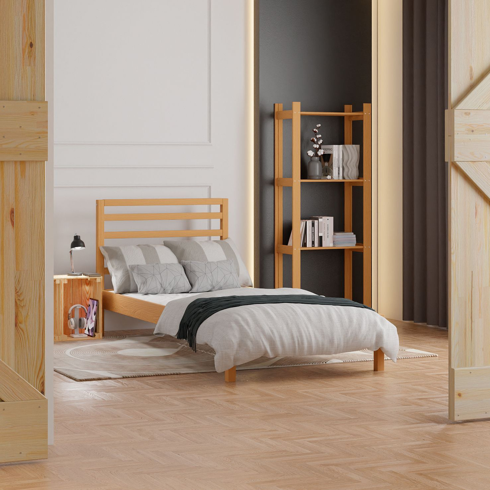 Кровать односпальная 90х200 Тарва из сосны с настилом, бейц