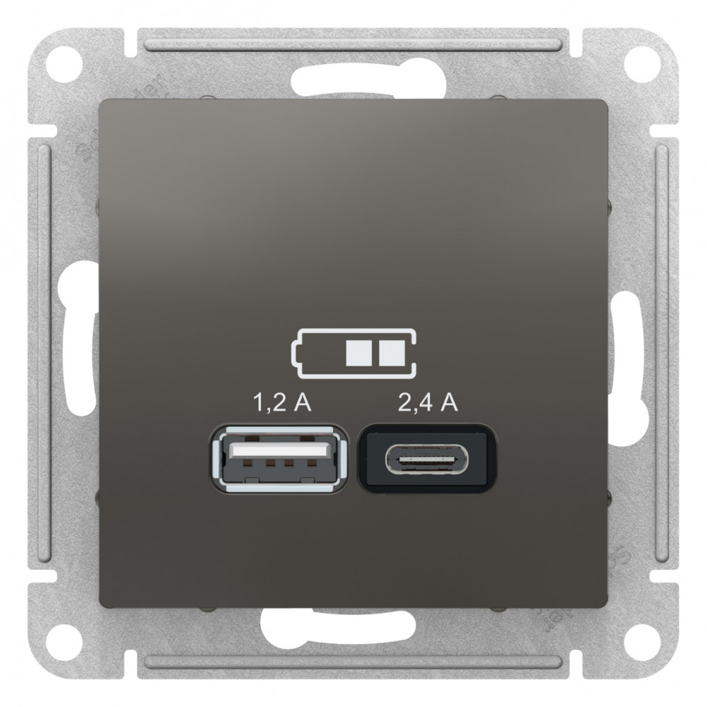 Зарядка USB Тип A+С 5В/2,4 А 2х5В/1,2 А Schneider Electric серия AtlasDesign, сталь, ATN000939