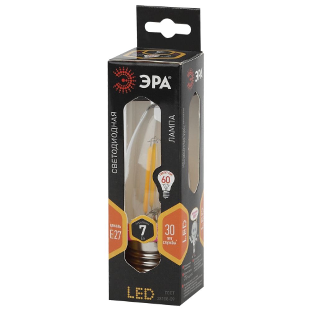 Лампа светодиодная ЭРА F-LED B35-7W-827-E27 7Вт филамент свеча теплый белый свет Е27