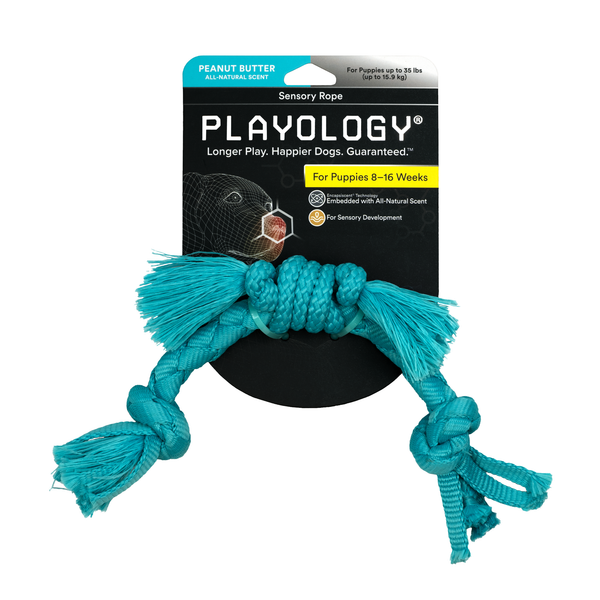 Сенсорный канат Playology PUPPY SENSORY ROPE для щенков мелких и средних пород 8-16 недель с ароматом арахиса, цвет голубой