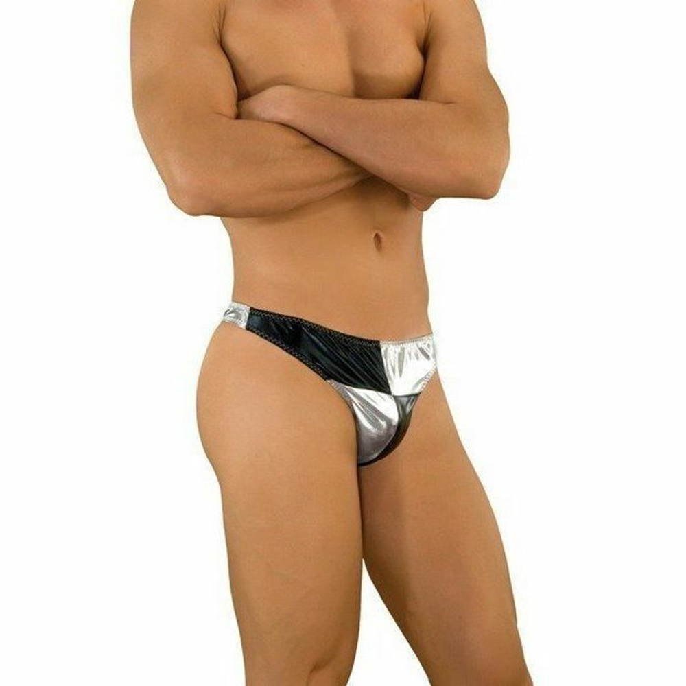 Мужские серебристо-черные трусы-тонги (Размер: S-M) (Цвет: серебристый с черным)