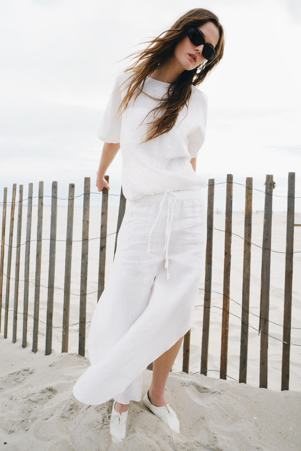 ZARA ЛЬНЯНОЙ ТОП НА ШНУРКАХ — ZW COLLECTION, БЕЛЫЙ